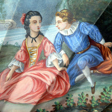 Load image into Gallery viewer, Antique FRAMED Hand Painted Fan with mother of pearl sticks and guards:  shaped, carved, pierced and gilt. FETE GALANTE design
