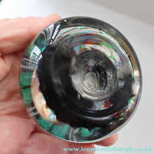 Load image into Gallery viewer, Fine VASART Scottish Glass Paperweight with 7 Short Spokes; with black ground, thick latticino spokes &amp; larger millefiori canes
