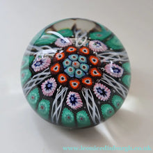Load image into Gallery viewer, Fine VASART Scottish Glass Paperweight with 7 Short Spokes; with black ground, thick latticino spokes &amp; larger millefiori canes
