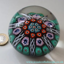 Load image into Gallery viewer, Fine VASART Scottish Glass Paperweight with 7 Short Spokes; with black ground, thick latticino spokes &amp; larger millefiori canes

