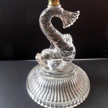 Load image into Gallery viewer, ANTIQUE Victorian Clear Pressed Glass Oil or Kerosene Lamp. Complete Lamp with Unusual Glass Fish Decorative Section
