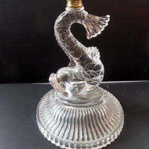 ANTIQUE Victorian Clear Pressed Glass Oil or Kerosene Lamp. Complete Lamp with Unusual Glass Fish Decorative Section