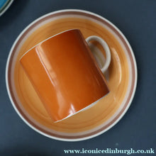 Load image into Gallery viewer, FIVE 1960s Susie Cooper (Wedgwood). Multi-Coloured Gay Stripes Bone China Coffee Cans and Saucers
