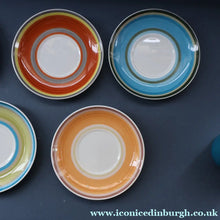 Load image into Gallery viewer, FIVE 1960s Susie Cooper (Wedgwood). Multi-Coloured Gay Stripes Bone China Coffee Cans and Saucers
