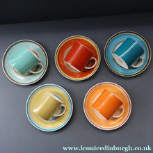 Load image into Gallery viewer, FIVE 1960s Susie Cooper (Wedgwood). Multi-Coloured Gay Stripes Bone China Coffee Cans and Saucers
