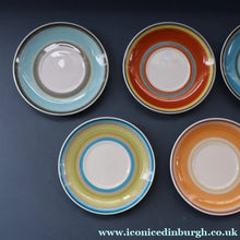 Load image into Gallery viewer, FIVE 1960s Susie Cooper (Wedgwood). Multi-Coloured Gay Stripes Bone China Coffee Cans and Saucers
