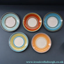 Load image into Gallery viewer, FIVE 1960s Susie Cooper (Wedgwood). Multi-Coloured Gay Stripes Bone China Coffee Cans and Saucers

