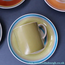 Load image into Gallery viewer, FIVE 1960s Susie Cooper (Wedgwood). Multi-Coloured Gay Stripes Bone China Coffee Cans and Saucers
