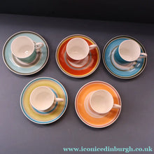 Load image into Gallery viewer, FIVE 1960s Susie Cooper (Wedgwood). Multi-Coloured Gay Stripes Bone China Coffee Cans and Saucers
