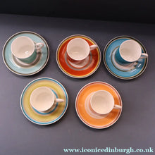 Load image into Gallery viewer, FIVE 1960s Susie Cooper (Wedgwood). Multi-Coloured Gay Stripes Bone China Coffee Cans and Saucers
