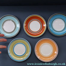 Load image into Gallery viewer, FIVE 1960s Susie Cooper (Wedgwood). Multi-Coloured Gay Stripes Bone China Coffee Cans and Saucers
