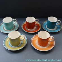Load image into Gallery viewer, FIVE 1960s Susie Cooper (Wedgwood). Multi-Coloured Gay Stripes Bone China Coffee Cans and Saucers
