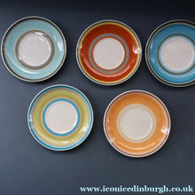 Load image into Gallery viewer, FIVE 1960s Susie Cooper (Wedgwood). Multi-Coloured Gay Stripes Bone China Coffee Cans and Saucers
