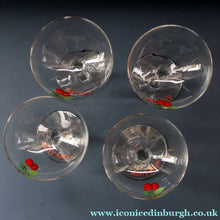 Load image into Gallery viewer, Set of FOUR Vintage Matching 1960s CHERRY B / CHERRY CHARM Coupe or Babycham Shape Glasses - with Red Cherries Motif. FREE POSTAGE
