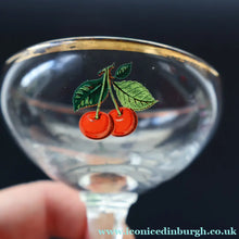 Load image into Gallery viewer, Set of FOUR Vintage Matching 1960s CHERRY B / CHERRY CHARM Coupe or Babycham Shape Glasses - with Red Cherries Motif.
