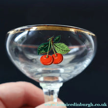 Load image into Gallery viewer, Set of FOUR Vintage Matching 1960s CHERRY B / CHERRY CHARM Coupe or Babycham Shape Glasses - with Red Cherries Motif. FREE POSTAGE
