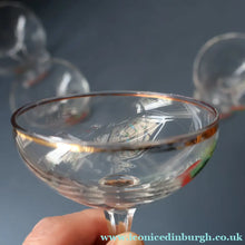 Load image into Gallery viewer, Set of FOUR Vintage Matching 1960s CHERRY B / CHERRY CHARM Coupe or Babycham Shape Glasses - with Red Cherries Motif.
