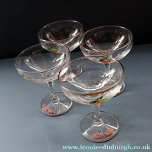 Load image into Gallery viewer, Set of FOUR Vintage Matching 1960s CHERRY B / CHERRY CHARM Coupe or Babycham Shape Glasses - with Red Cherries Motif.
