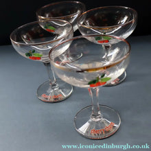 Load image into Gallery viewer, Set of FOUR Vintage Matching 1960s CHERRY B / CHERRY CHARM Coupe or Babycham Shape Glasses - with Red Cherries Motif.
