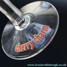 Load image into Gallery viewer, Set of FOUR Vintage Matching 1960s CHERRY B / CHERRY CHARM Coupe or Babycham Shape Glasses - with Red Cherries Motif.
