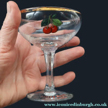 Load image into Gallery viewer, Set of FOUR Vintage Matching 1960s CHERRY B / CHERRY CHARM Coupe or Babycham Shape Glasses - with Red Cherries Motif.
