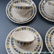 Load image into Gallery viewer, FOUR SETS: RARE Vintage 1950s MARIANNE WESTMAN Trio Large Coffee Cup, Saucer and Side Plate by Rörstrand Sweden. "PARTY" Pattern
