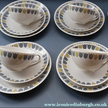 Load image into Gallery viewer, FOUR SETS: RARE Vintage 1950s MARIANNE WESTMAN Trio Large Coffee Cup, Saucer and Side Plate by Rörstrand Sweden. "PARTY" Pattern
