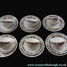 Load image into Gallery viewer, FOUR SETS: RARE Vintage 1950s MARIANNE WESTMAN Trio Large Coffee Cup Saucer and Side Plate by Rörstrand Sweden. ’PARTY’
