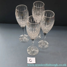 Load image into Gallery viewer, FOUR Vintage Edinburgh Crystal Tall CHAMPAGNE Flute Glasses. SYMPHONY PATTERN. 8 1/2 inches 

