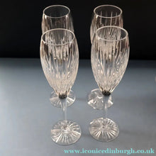 Load image into Gallery viewer, FOUR Vintage Edinburgh Crystal Tall CHAMPAGNE Flute Glasses. SYMPHONY PATTERN. 8 1/2 inches 
