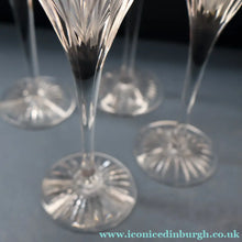 Load image into Gallery viewer, FOUR Vintage Edinburgh Crystal Tall CHAMPAGNE Flute Glasses. SYMPHONY PATTERN. 8 1/2 inches 
