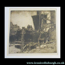 Load image into Gallery viewer, Frank Brangwyn (1867 - 1956). Etching: The Barge, Bruges (1906). Pencil Signed &amp; Framed
