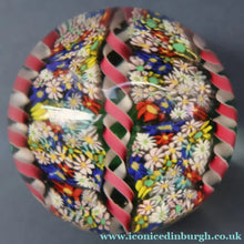 Load image into Gallery viewer, FRATELLI TOSO. Vintage MURANO Closepack Paperweight with Intricate Millefiori Flowers and Three Long Red Latticino Ribbons
