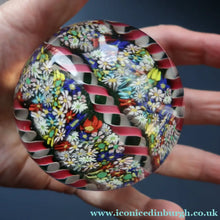 Load image into Gallery viewer, FRATELLI TOSO. Vintage MURANO Closepack Paperweight with Intricate Millefiori Flowers and Three Long Red Latticino Ribbons
