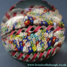 Load image into Gallery viewer, FRATELLI TOSO. Vintage MURANO Closepack Paperweight with Intricate Millefiori Flowers and Three Long Red Latticino Ribbons
