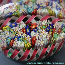 Load image into Gallery viewer, FRATELLI TOSO. Vintage MURANO Closepack Paperweight with Intricate Millefiori Flowers and Three Long Red Latticino Ribbons
