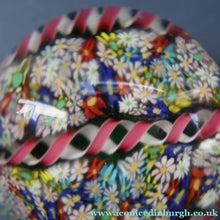 Load image into Gallery viewer, FRATELLI TOSO. Vintage MURANO Closepack Paperweight with Intricate Millefiori Flowers and Three Long Red Latticino Ribbons
