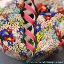 Load image into Gallery viewer, FRATELLI TOSO. Vintage MURANO Closepack Paperweight with Intricate Millefiori Flowers and Three Long Red Latticino Ribbons
