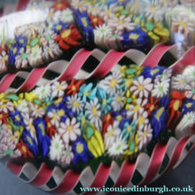 Load image into Gallery viewer, FRATELLI TOSO. Vintage MURANO Closepack Paperweight with Intricate Millefiori Flowers and Three Long Red Latticino Ribbons
