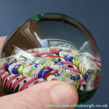 Load image into Gallery viewer, FRATELLI TOSO. Vintage MURANO Closepack Paperweight with Intricate Millefiori Flowers and Three Long Red Latticino Ribbons
