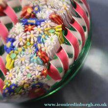 Load image into Gallery viewer, FRATELLI TOSO. Vintage MURANO Closepack Paperweight with Intricate Millefiori Flowers and Three Long Red Latticino Ribbons
