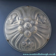 Load image into Gallery viewer, FRENCH Art Deco Opalescent Glass Shade with Roses &amp; Geometric Decoration. Marked on the Rim: Nova Depose
