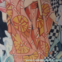 Load image into Gallery viewer, 1930s Art Deco Watercolour Japanese Lady and Children with a Parasol 
