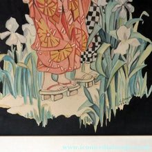 Load image into Gallery viewer, 1930s Art Deco Watercolour Japanese Lady and Children with a Parasol 

