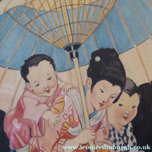 Load image into Gallery viewer, 1930s Art Deco Watercolour Japanese Lady and Children with a Parasol 
