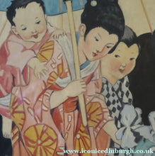 Load image into Gallery viewer, 1930s Art Deco Watercolour Japanese Lady and Children with a Parasol 
