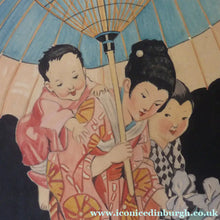 Load image into Gallery viewer, 1930s Art Deco Watercolour Japanese Lady and Children with a Parasol 
