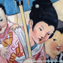 Load image into Gallery viewer, 1930s Art Deco Watercolour Japanese Lady and Children with a Parasol 
