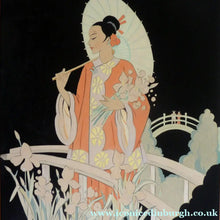 Load image into Gallery viewer, 1930s Art Deco Watercolour. Japanese Lady with Parasol in a Garden 
