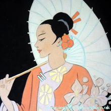 Load image into Gallery viewer, 1930s Art Deco Watercolour. Japanese Lady with Parasol in a Garden 

